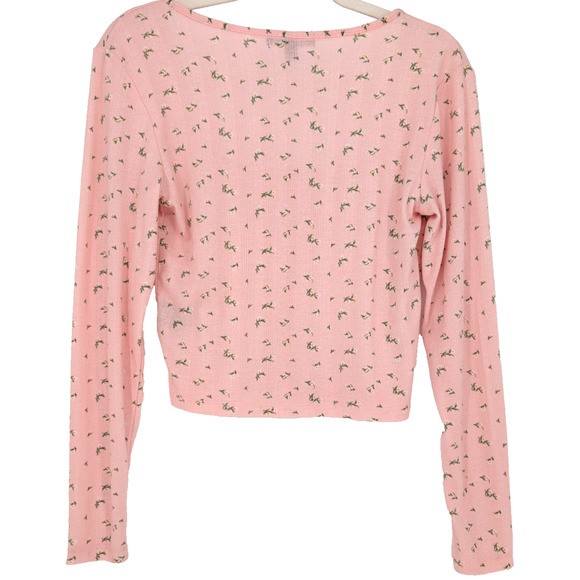Pink Floral Coquette Dainty Scoop Neck Cropped Pointelle Ribbed‎ Prairie Y2K Top - Picture 3 of 9